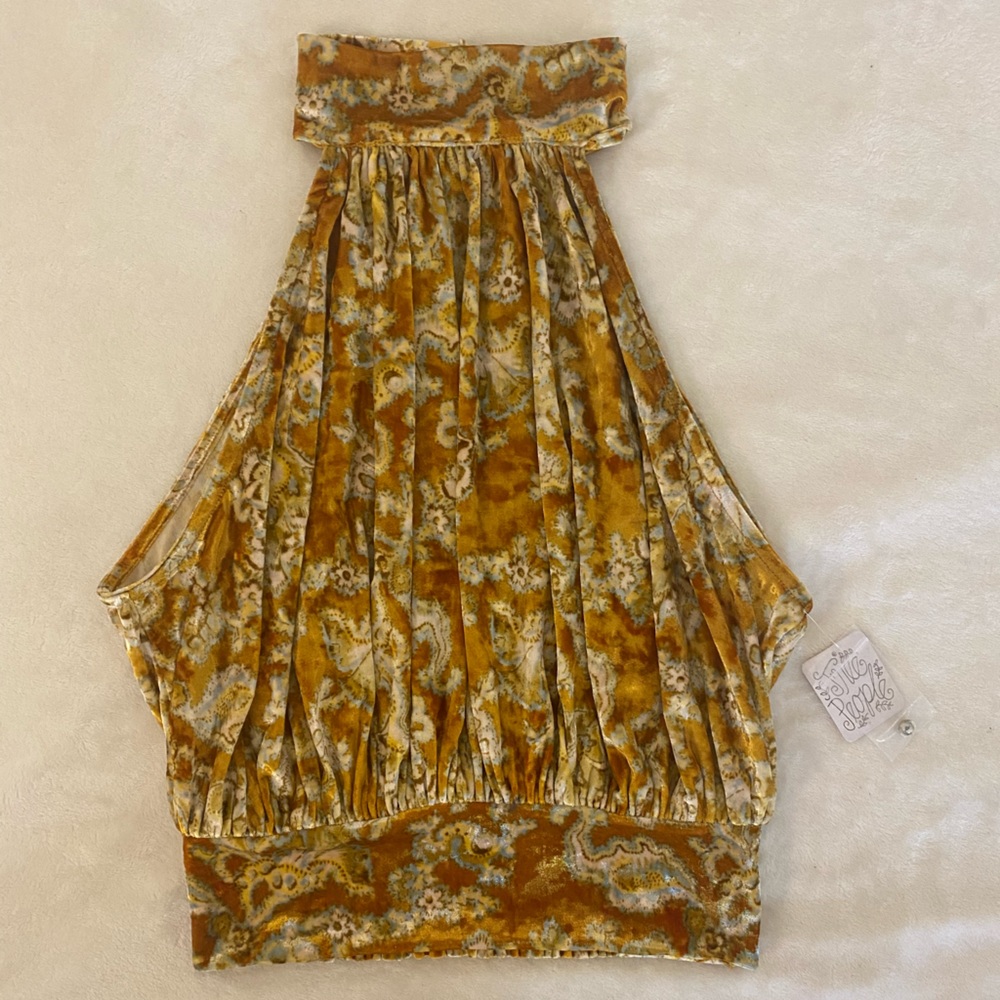 NWT Free People High Neck Tapestry Print Velvet Top with Button Back Neck